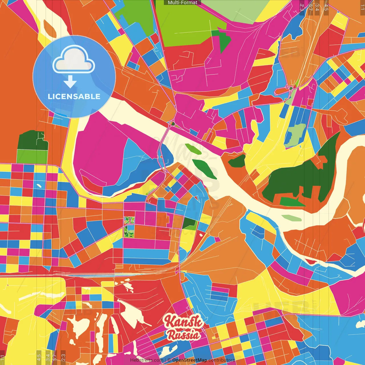 Kansk, Krasnoyarsk Krai, Russia Crazy Colorful Street Map Poster Template