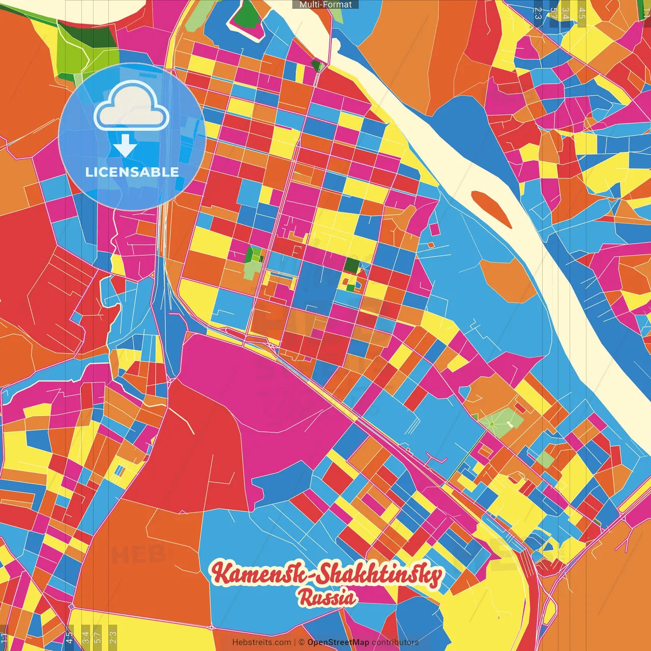 Kamensk-Shakhtinsky, Rostov Oblast, Russia Crazy Colorful Street Map Poster Template