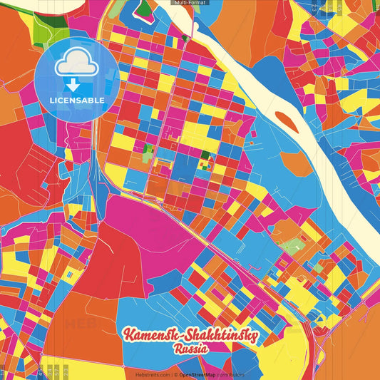Kamensk-Shakhtinsky, Rostov Oblast, Russia Crazy Colorful Street Map Poster Template