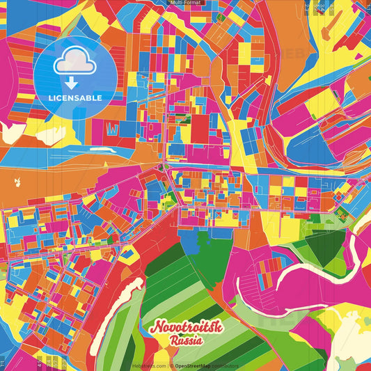 Novotroitsk, Orenburg Oblast, Russia Crazy Colorful Street Map Poster Template