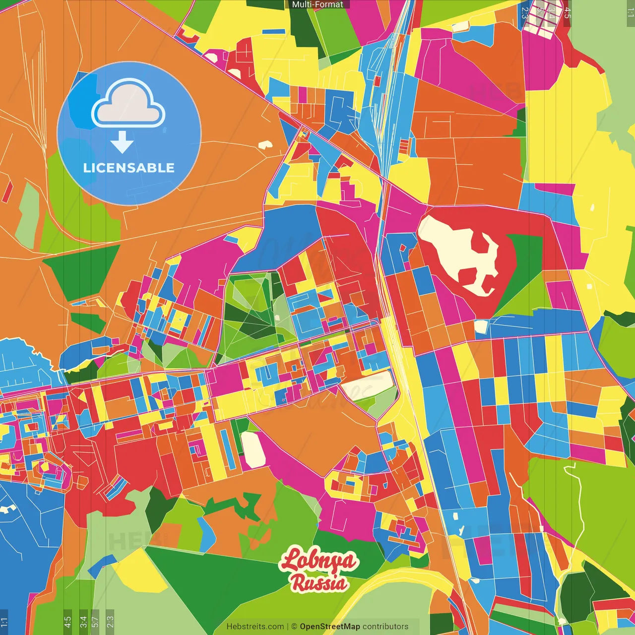 Lobnya, Moscow Oblast, Russia Crazy Colorful Street Map Poster Template