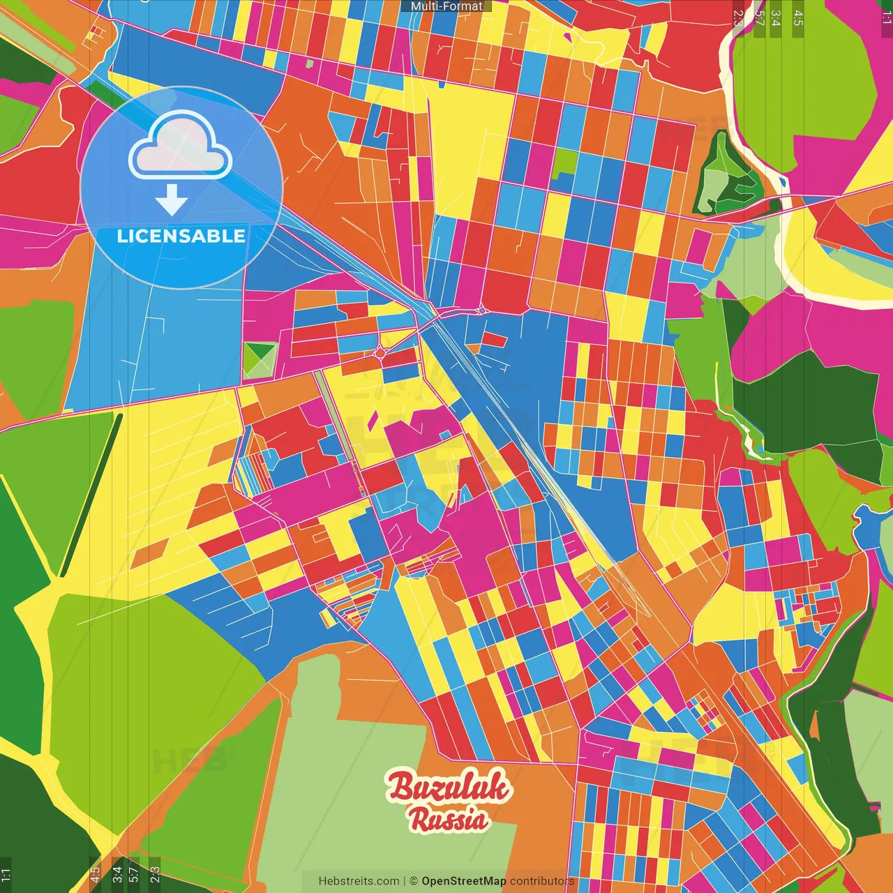 Buzuluk, Orenburg Oblast, Russia Crazy Colorful Street Map Poster Template