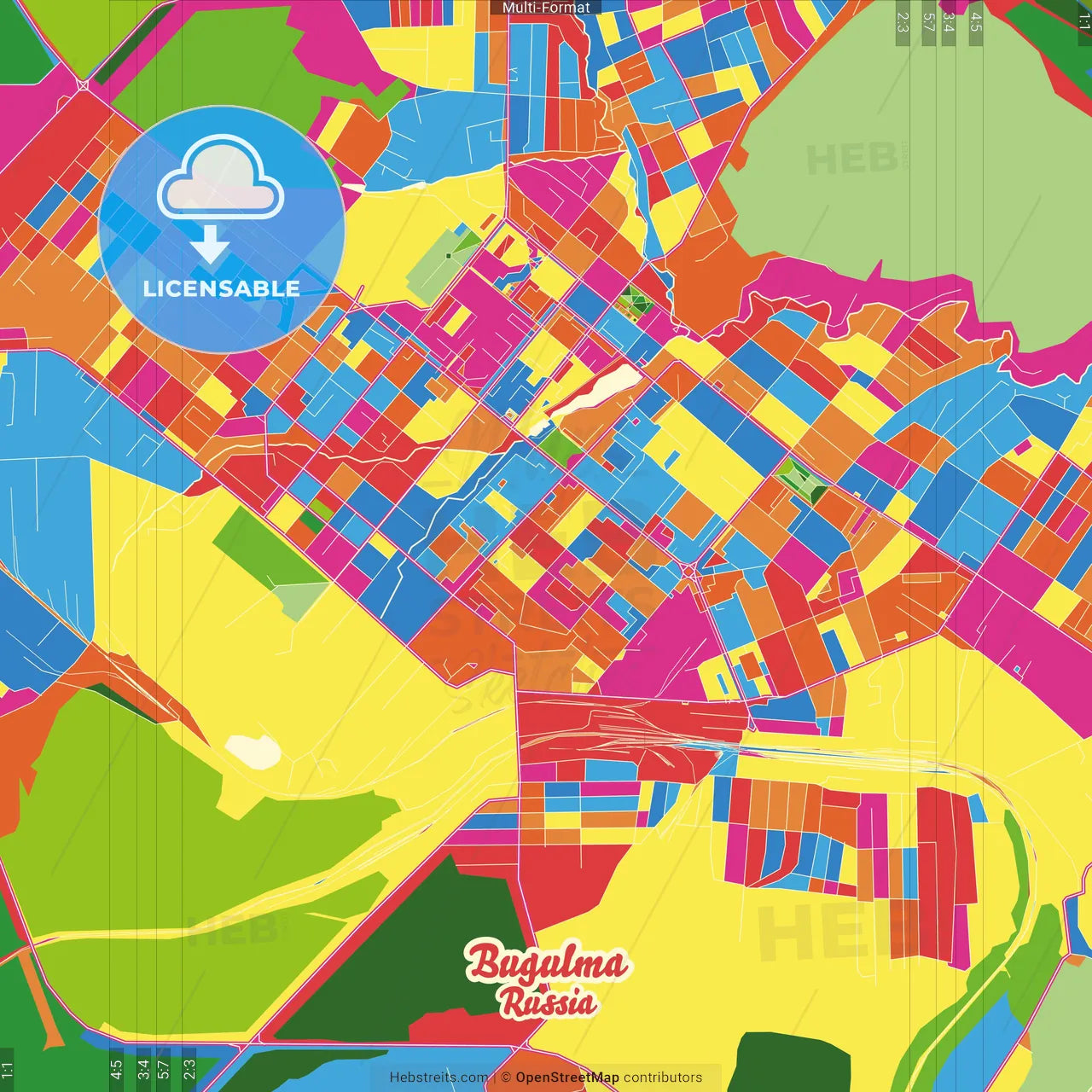 Bugulma, Republic of Tatarstan, Russia Crazy Colorful Street Map Poster Template