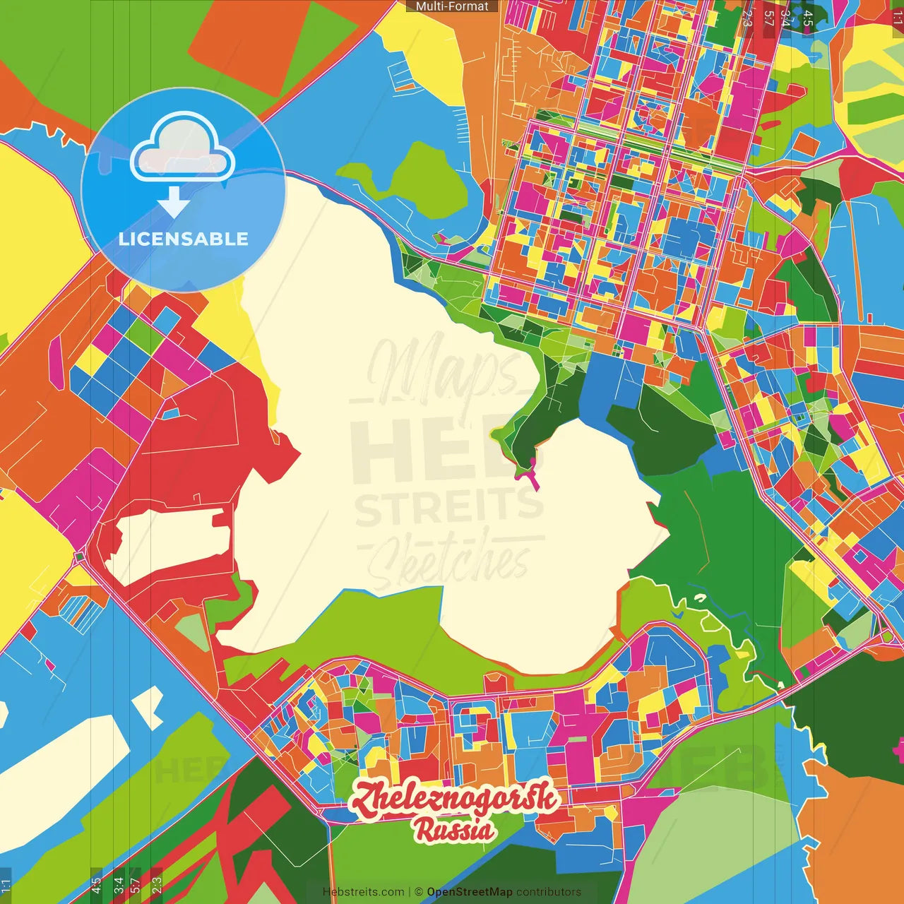 Zheleznogorsk, Krasnoyarsk Krai, Russia Crazy Colorful Street Map Poster Template