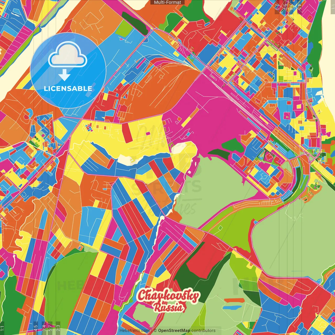 Chaykovsky, Perm Krai, Russia Crazy Colorful Street Map Poster Template