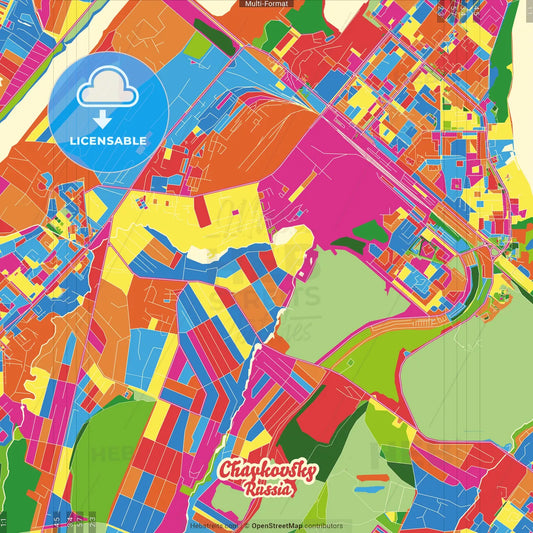 Chaykovsky, Perm Krai, Russia Crazy Colorful Street Map Poster Template