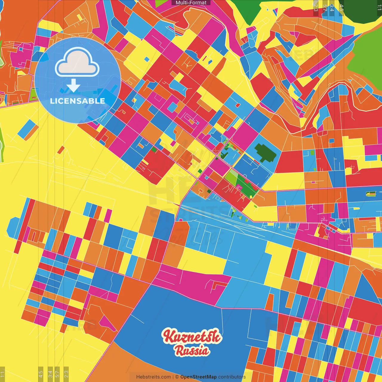 Kuznetsk, Penza Oblast, Russia Crazy Colorful Street Map Poster Template