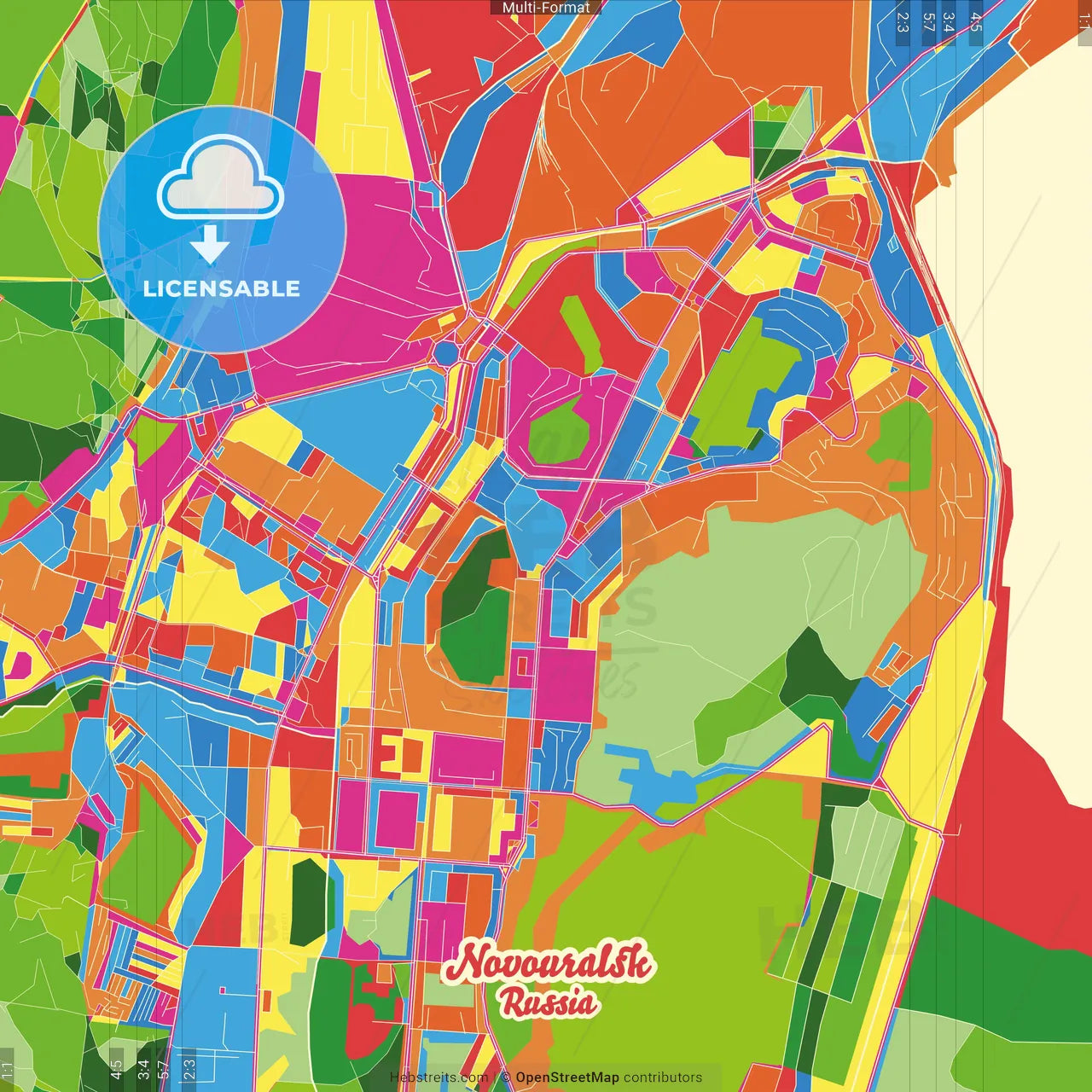 Novouralsk, Sverdlovsk Oblast, Russia Crazy Colorful Street Map Poster Template