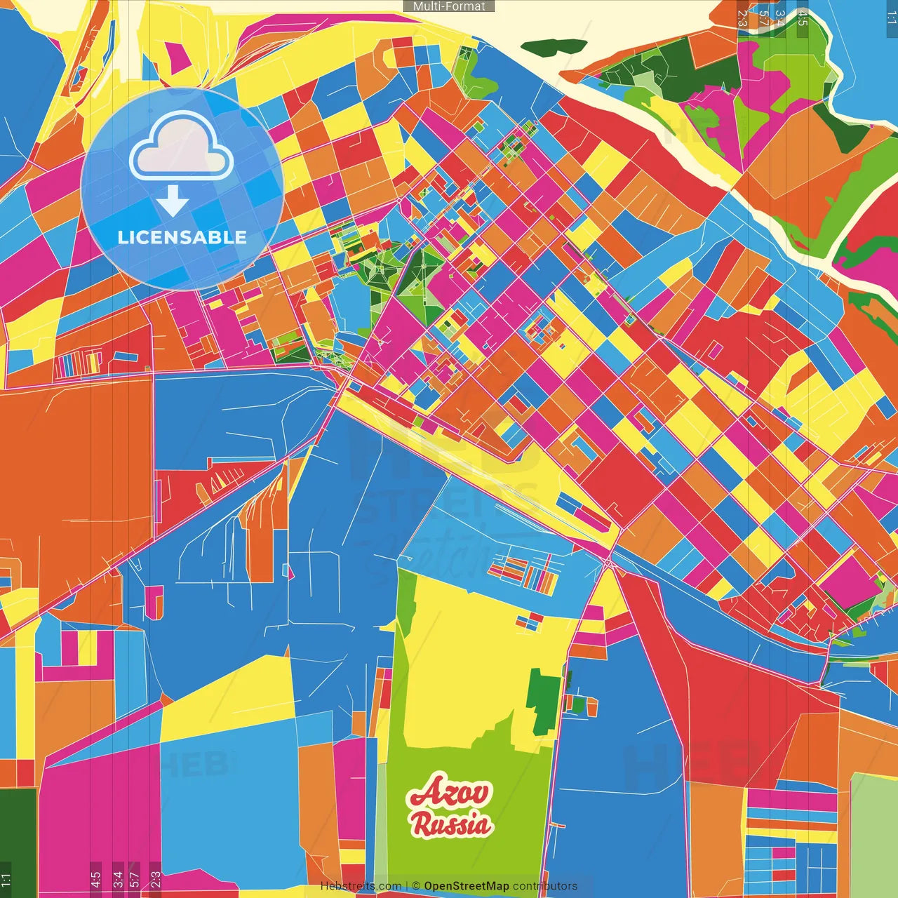 Azov, Rostov Oblast, Russia Crazy Colorful Street Map Poster Template