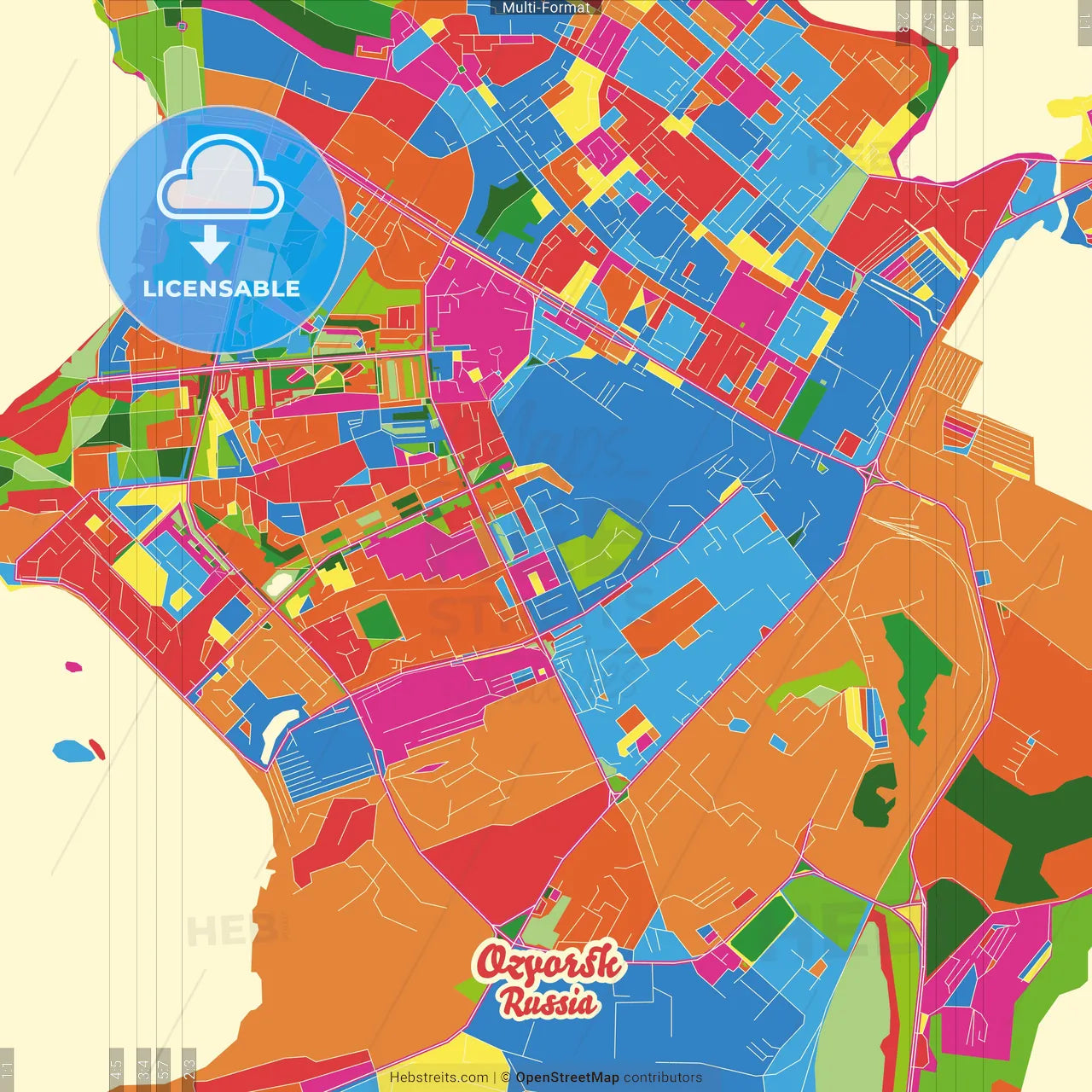 Ozyorsk, Chelyabinsk Oblast, Russia Crazy Colorful Street Map Poster Template