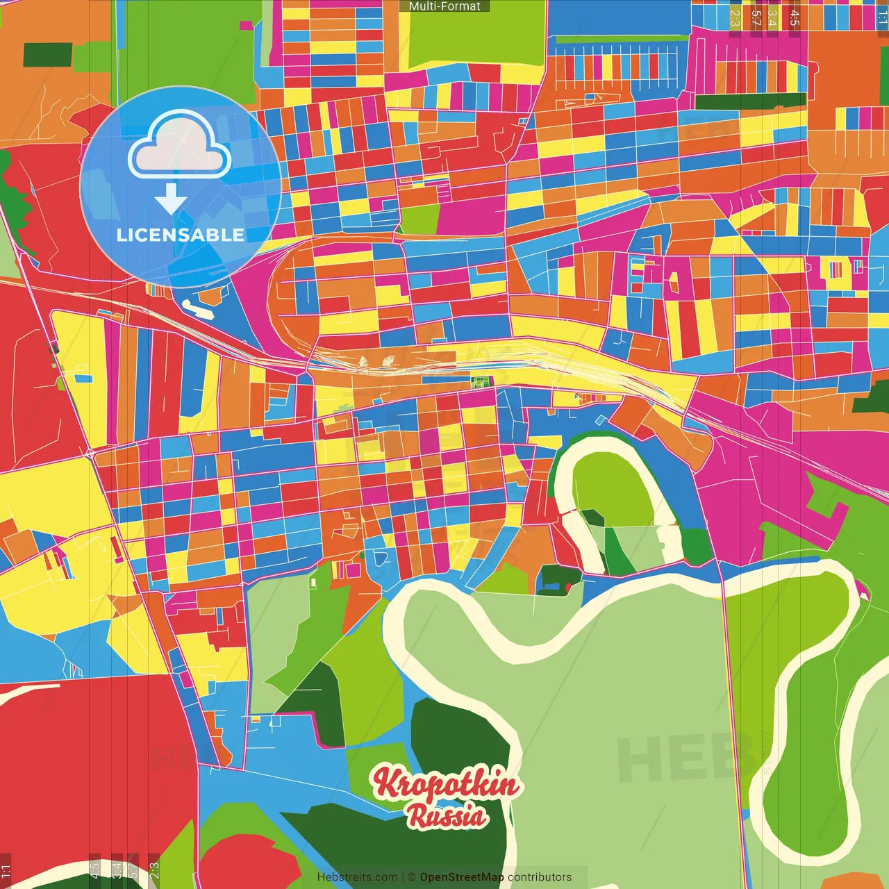 Kropotkin, Krasnodar Krai, Russia Crazy Colorful Street Map Poster Template
