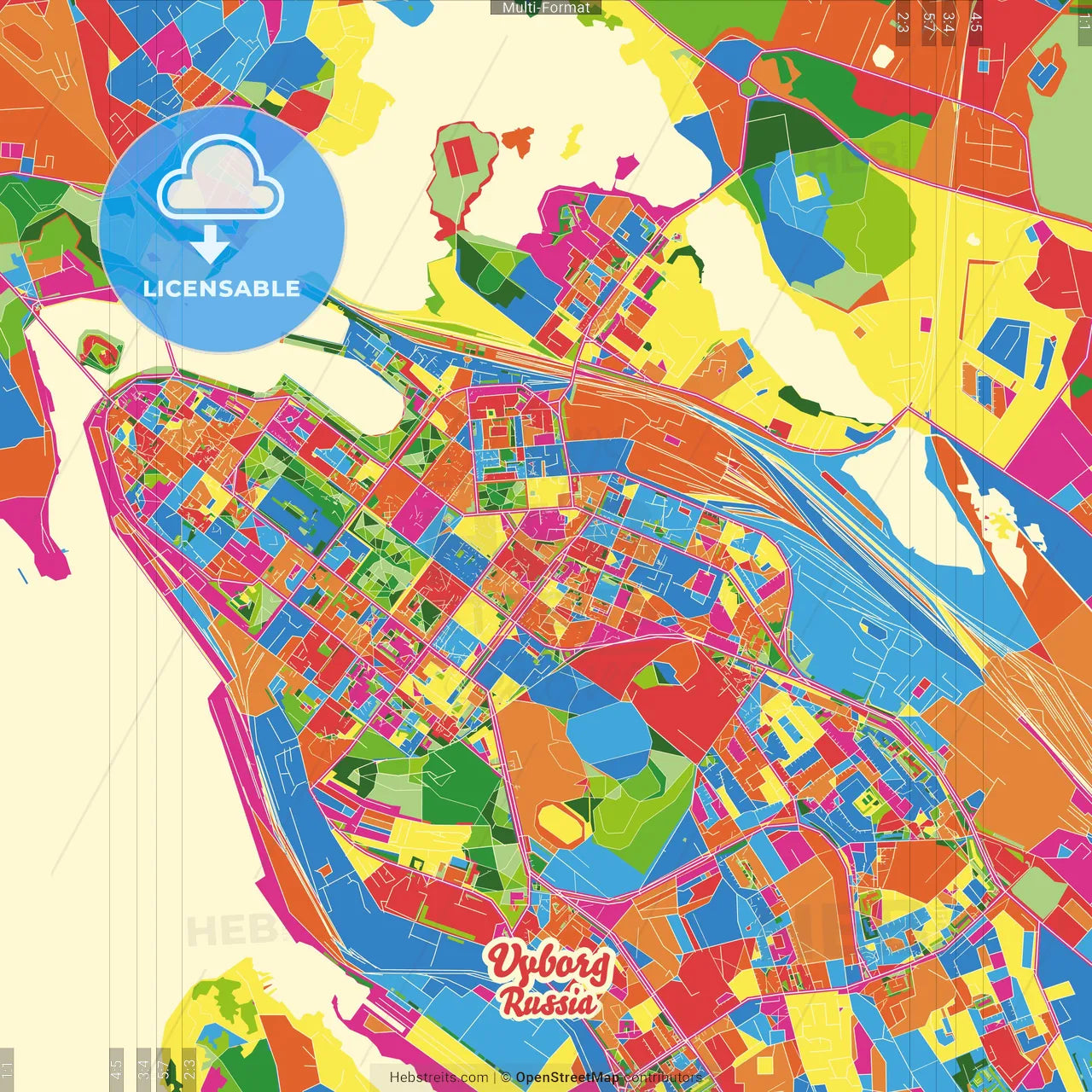 Vyborg, Leningrad Oblast, Russia Crazy Colorful Street Map Poster Template