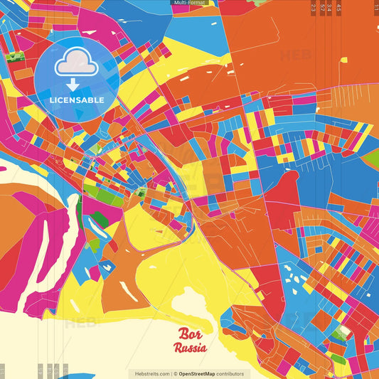 Bor, Nizhny Novgorod Oblast, Russia Crazy Colorful Street Map Poster Template