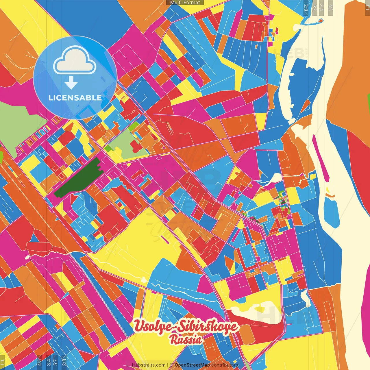 Usolye-Sibirskoye, Irkutsk Oblast, Russia Crazy Colorful Street Map Poster Template