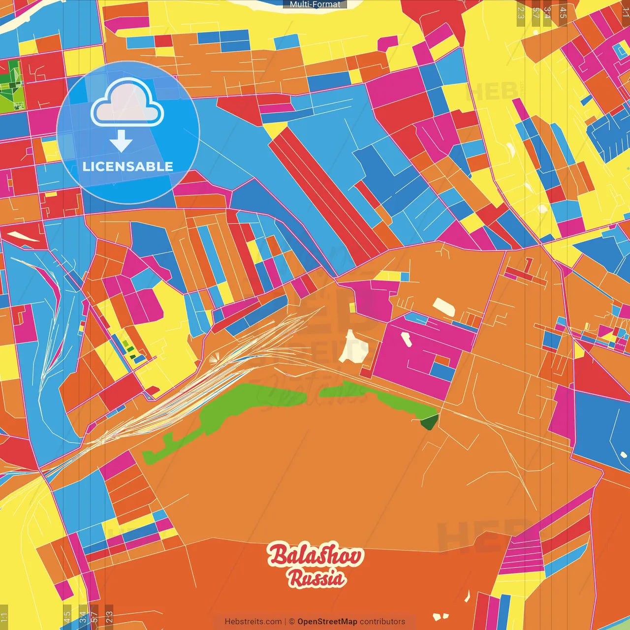Balashov, Saratov Oblast, Russia Crazy Colorful Street Map Poster Template