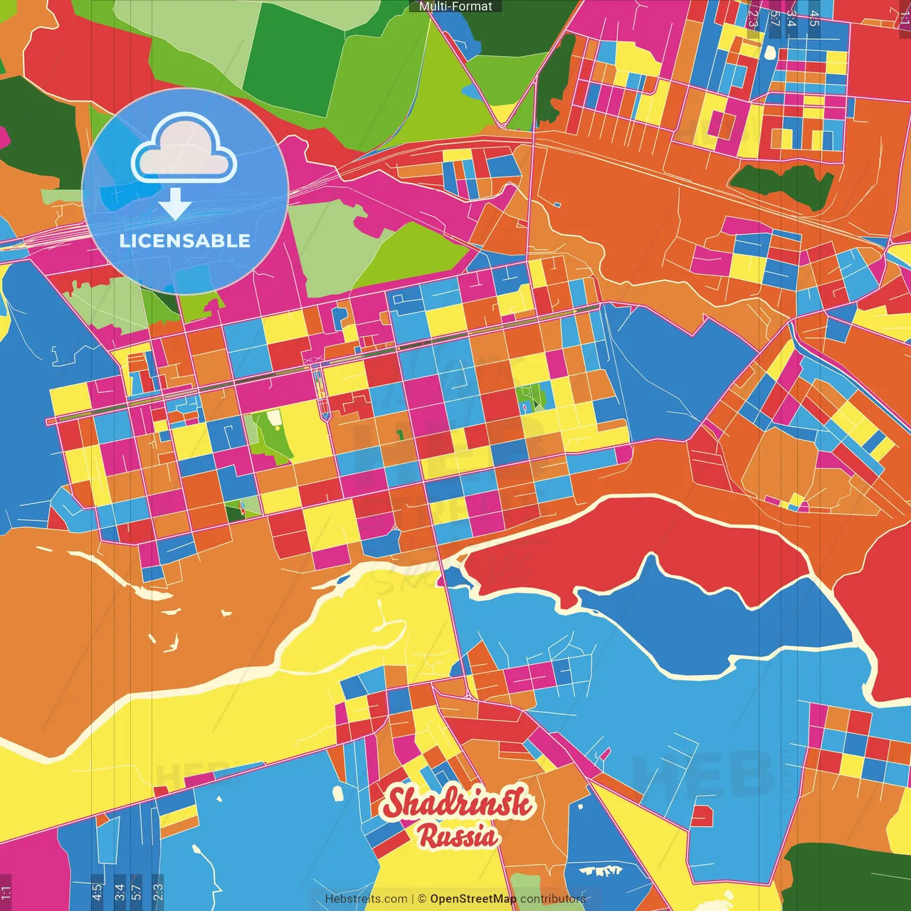 Shadrinsk, Kurgan Oblast, Russia Crazy Colorful Street Map Poster Template