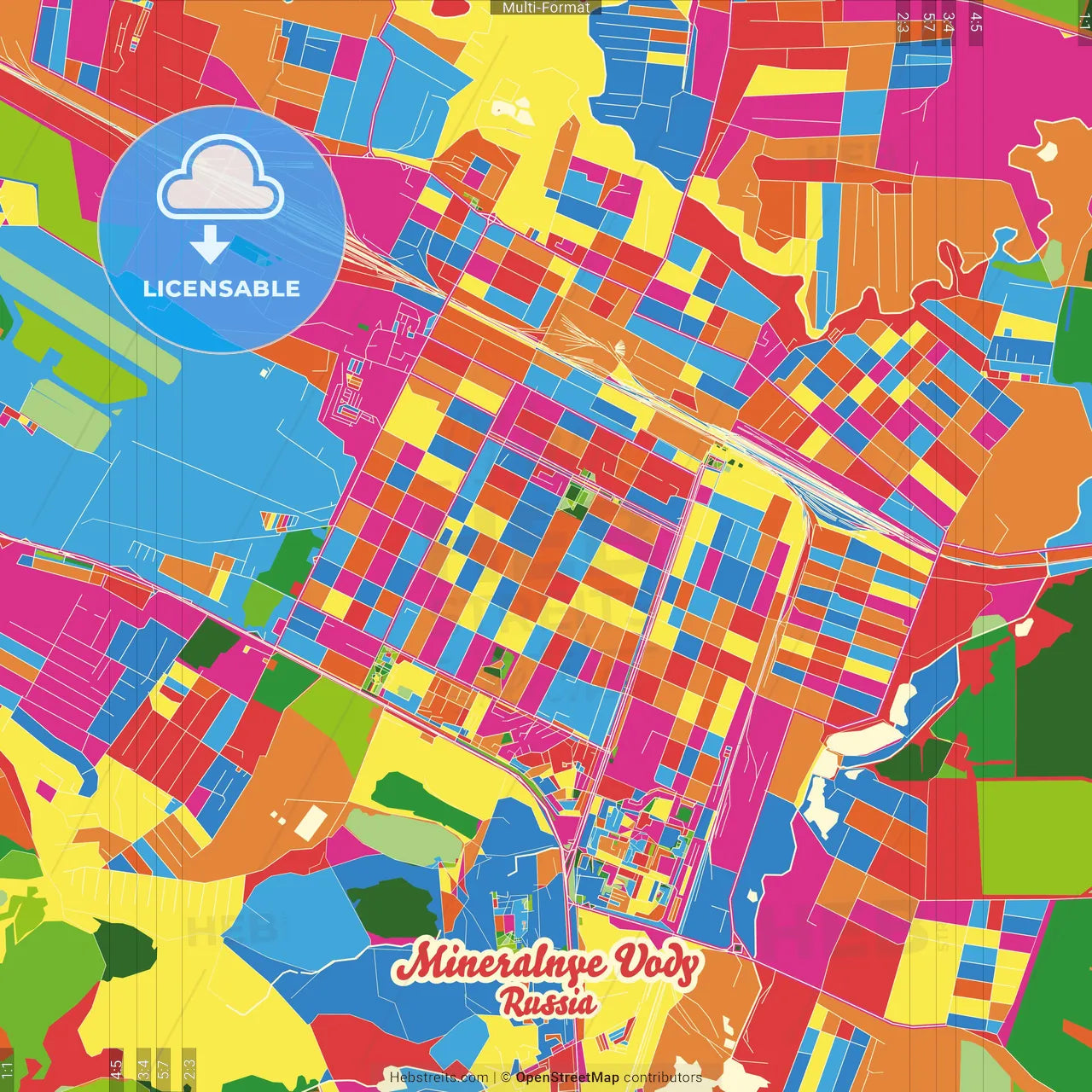 Mineralnye Vody, Stavropol Krai, Russia Crazy Colorful Street Map Poster Template