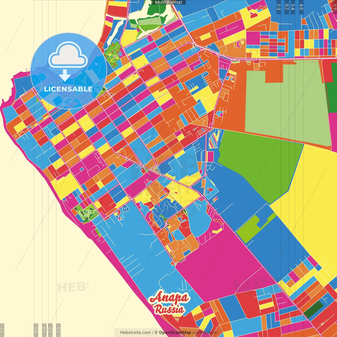 Anapa, Krasnodar Krai, Russia Crazy Colorful Street Map Poster Template