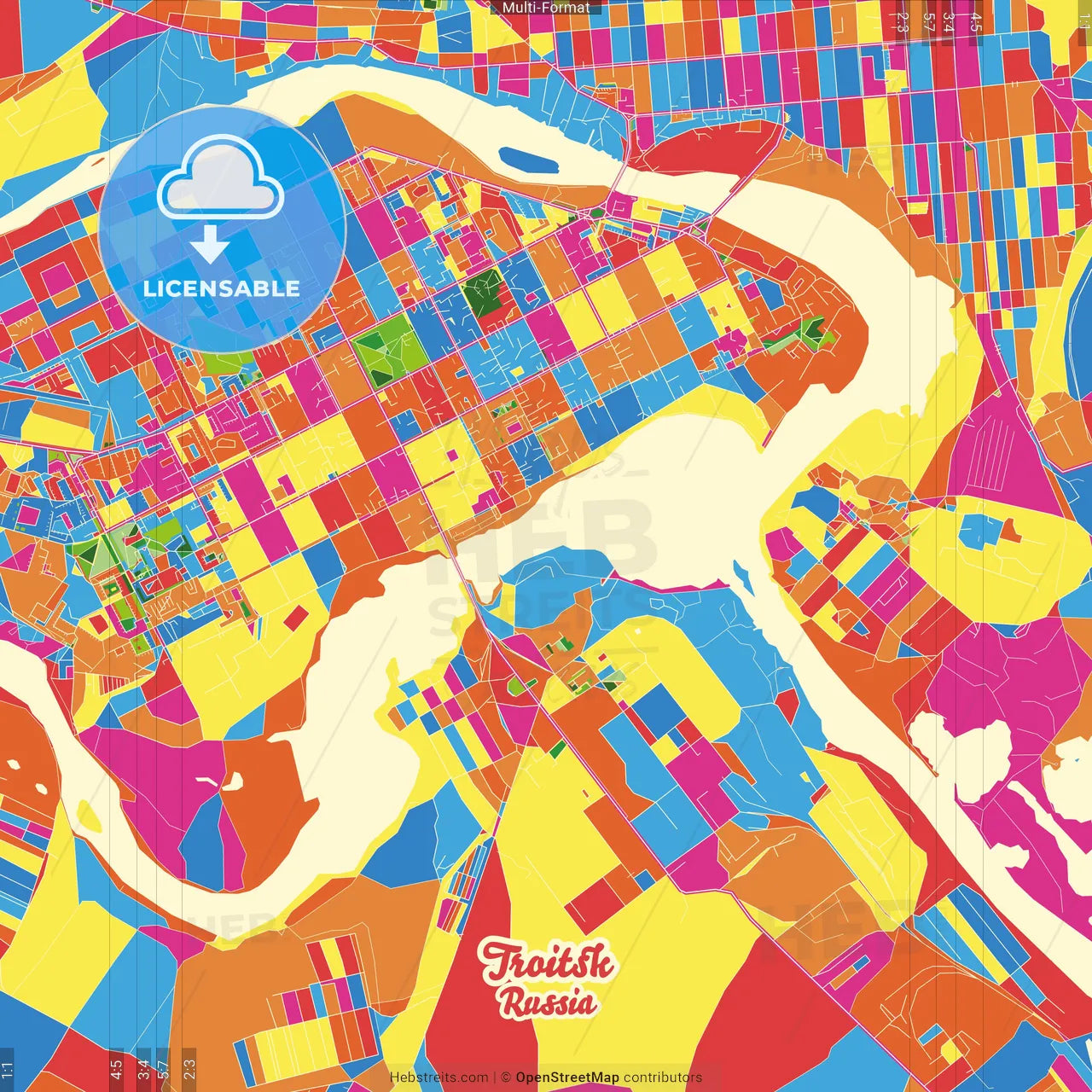 Troitsk, Chelyabinsk Oblast, Russia Crazy Colorful Street Map Poster Template