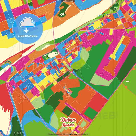 Dubna, Moscow Oblast, Russia Crazy Colorful Street Map Poster Template