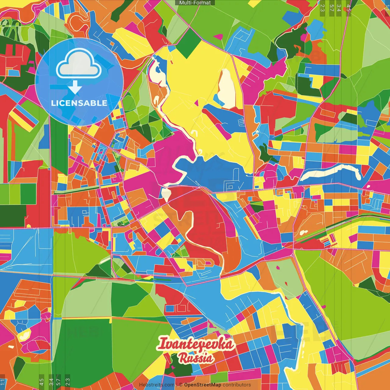 Ivanteyevka, Moscow Oblast, Russia Crazy Colorful Street Map Poster Template