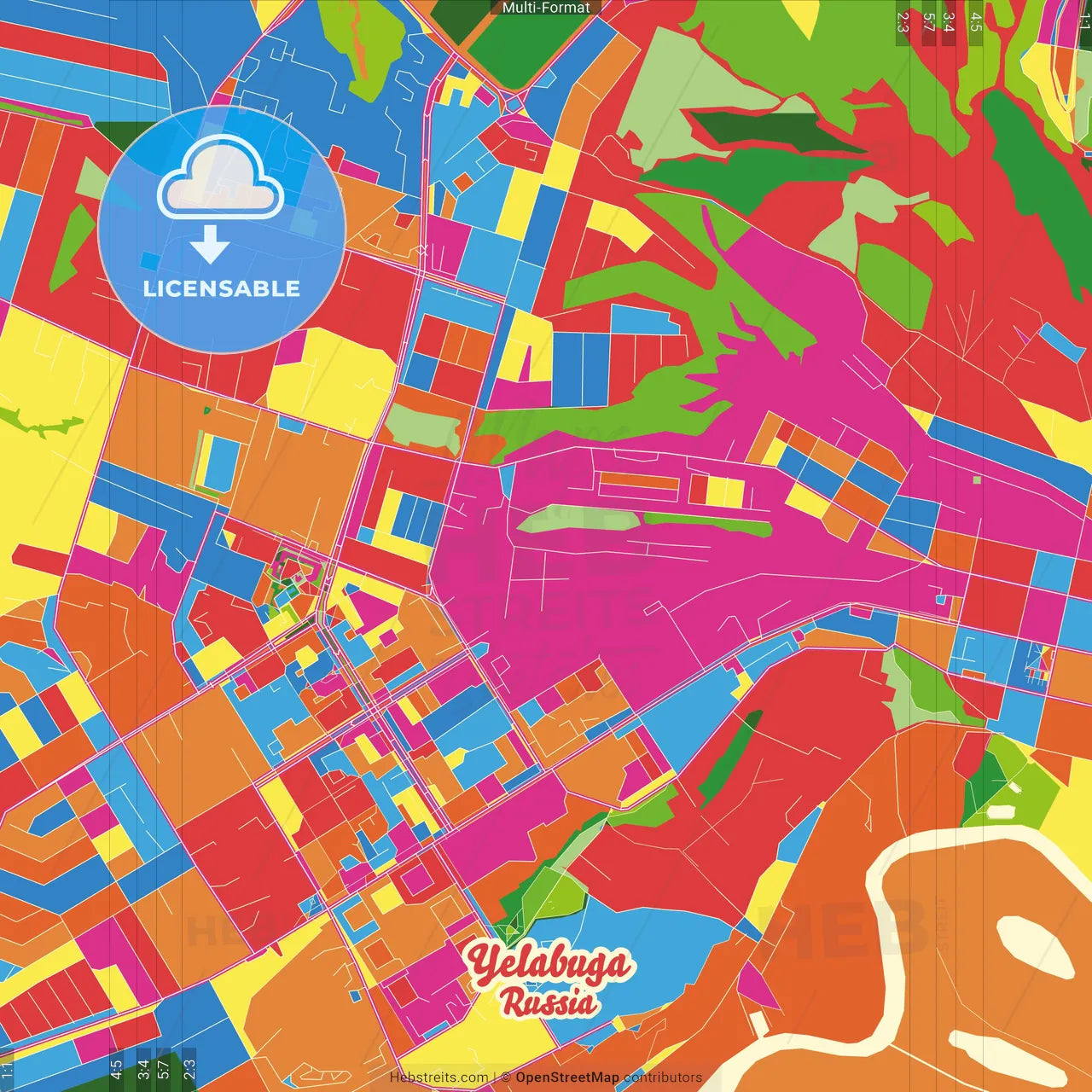Yelabuga, Republic of Tatarstan, Russia Crazy Colorful Street Map Poster Template