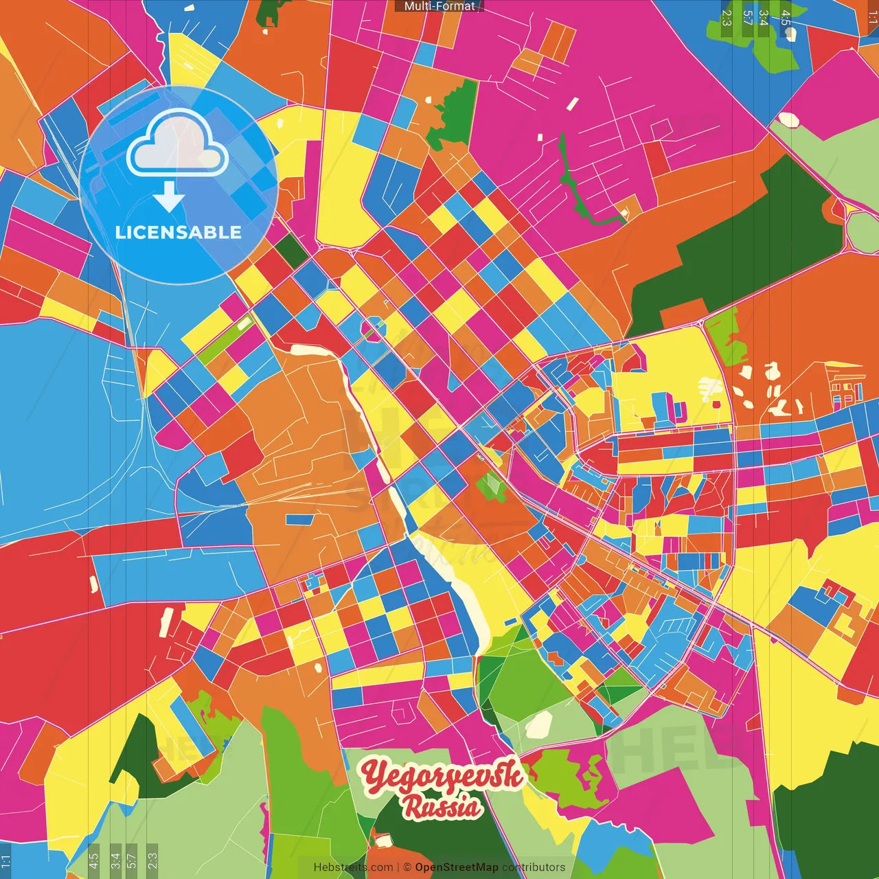 Yegoryevsk, Moscow Oblast, Russia Crazy Colorful Street Map Poster Template