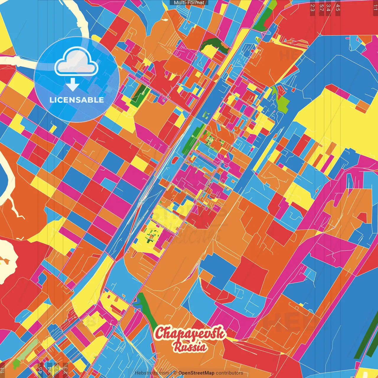 Chapayevsk, Samara Oblast, Russia Crazy Colorful Street Map Poster Template
