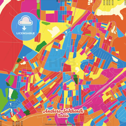 Anzhero-Sudzhensk, Kemerovo Oblast, Russia Crazy Colorful Street Map Poster Template