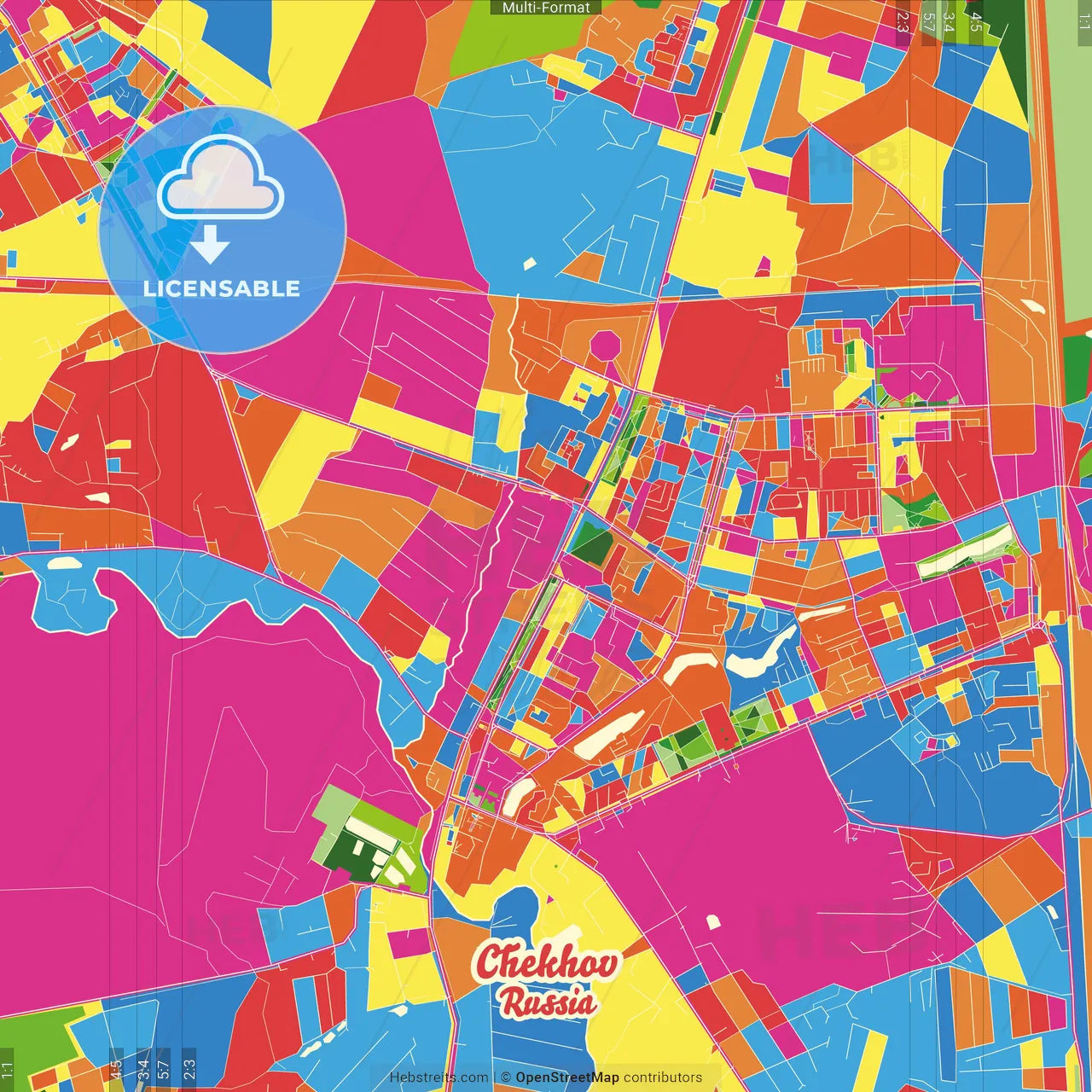 Chekhov, Moscow Oblast, Russia Crazy Colorful Street Map Poster Template