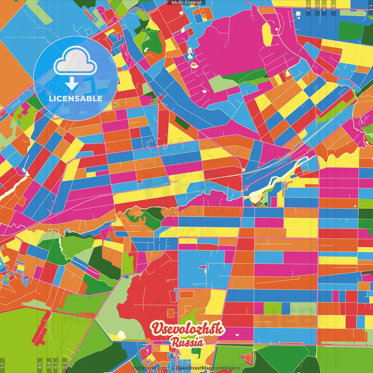 Vsevolozhsk, Leningrad Oblast, Russia Crazy Colorful Street Map Poster Template
