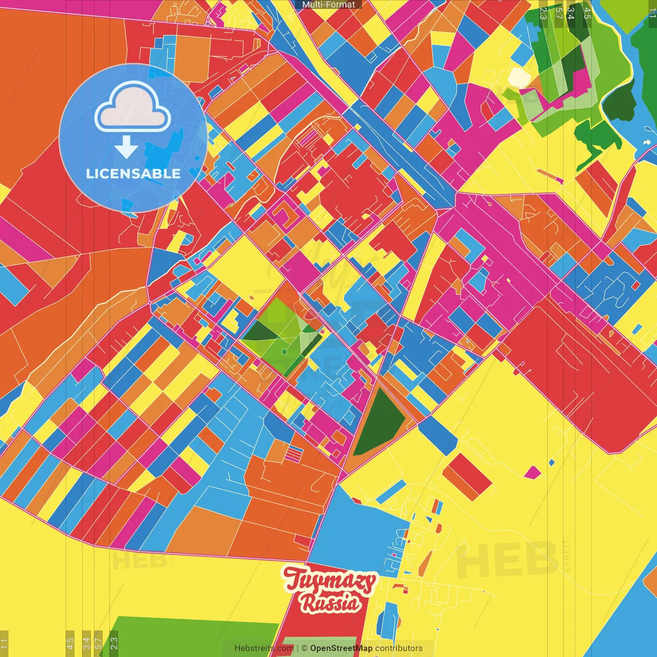 Tuymazy, Republic of Bashkortostan, Russia Crazy Colorful Street Map Poster Template