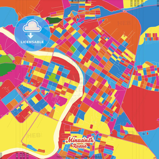 Minusinsk, Krasnoyarsk Krai, Russia Crazy Colorful Street Map Poster Template