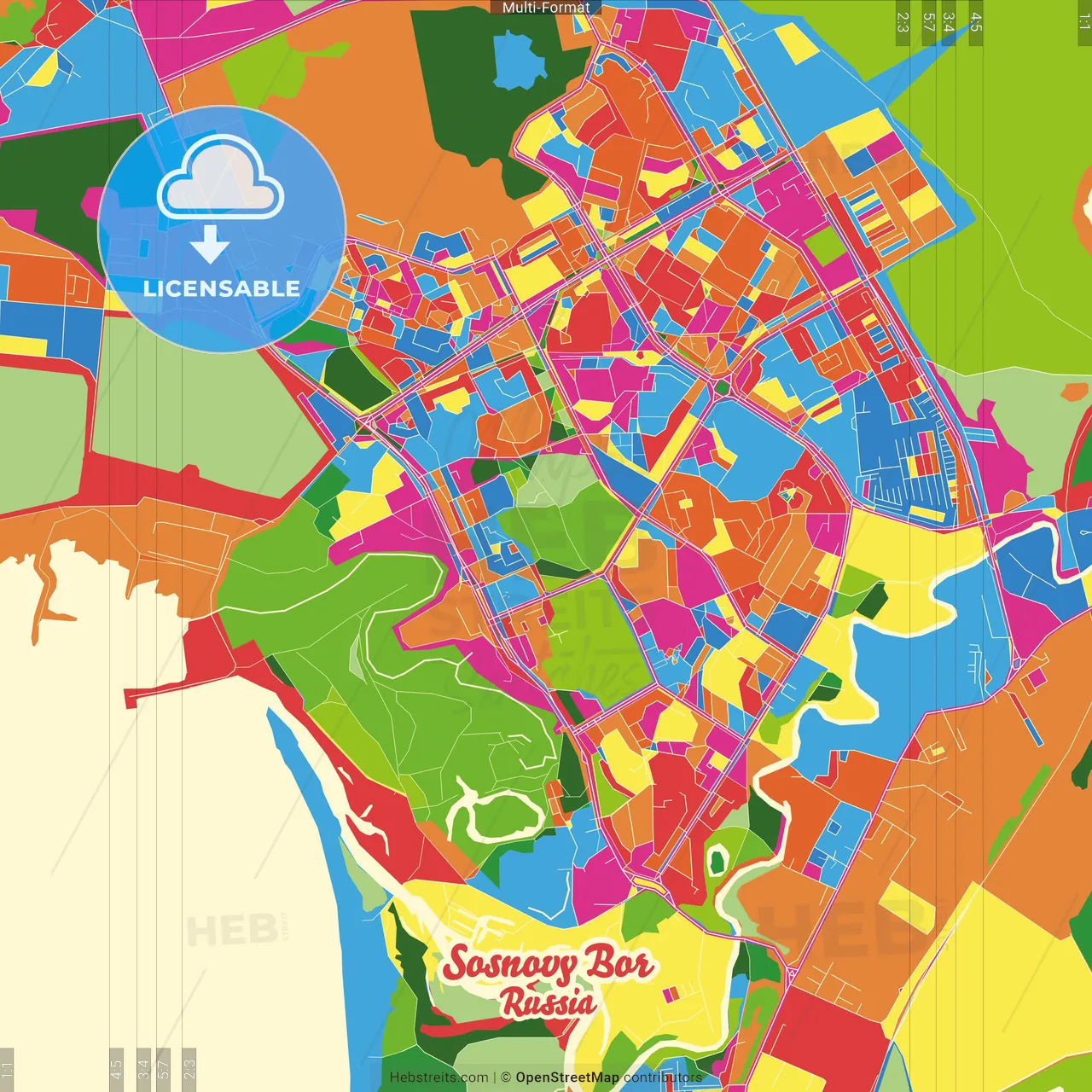 Sosnovy Bor, Leningrad Oblast, Russia Crazy Colorful Street Map Poster Template