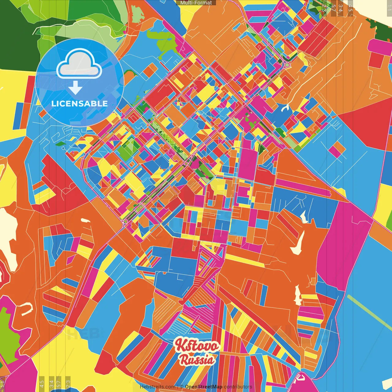 Kstovo, Nizhny Novgorod Oblast, Russia Crazy Colorful Street Map Poster Template