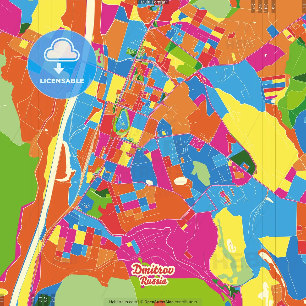 Dmitrov, Moscow Oblast, Russia Crazy Colorful Street Map Poster Template