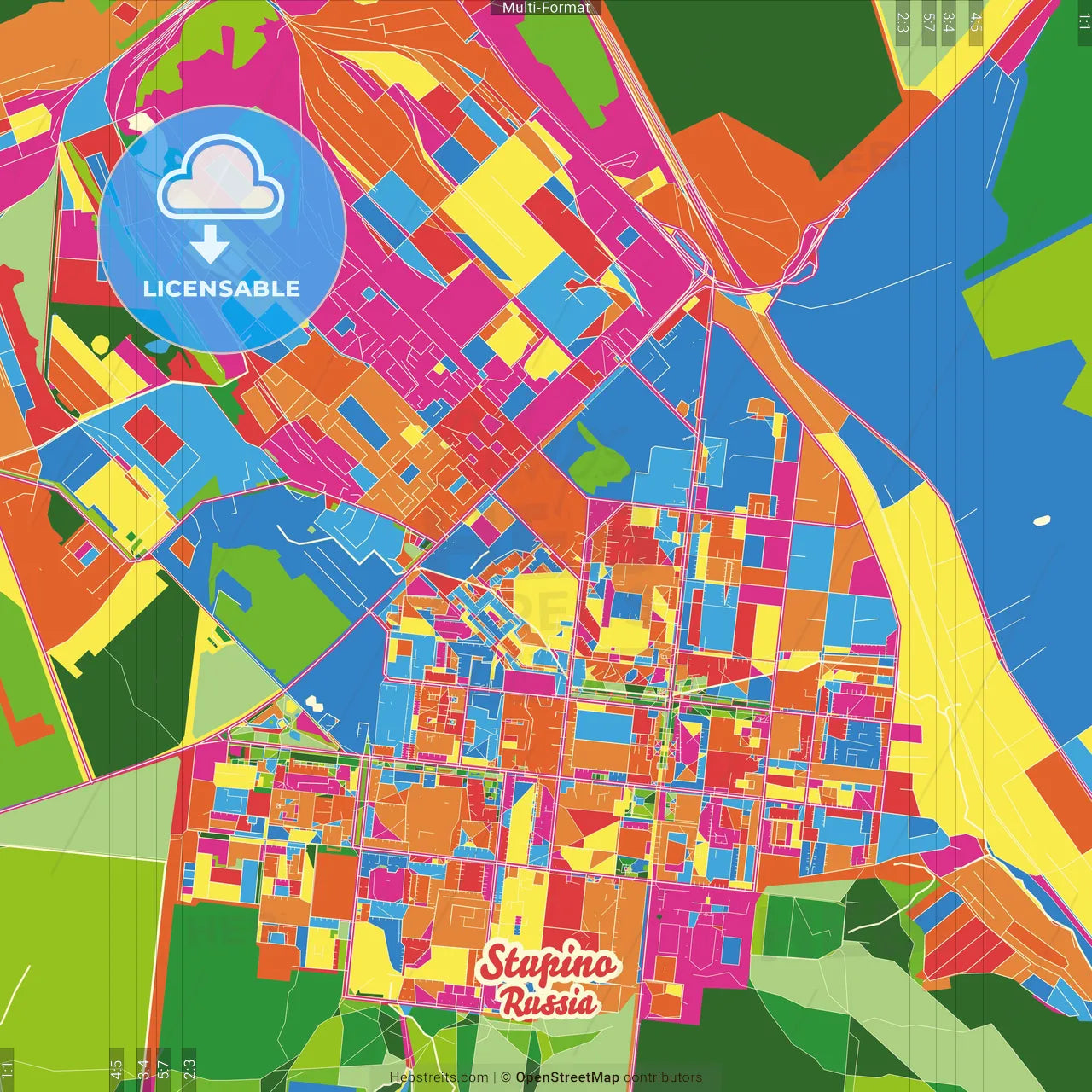 Stupino, Moscow Oblast, Russia Crazy Colorful Street Map Poster Template