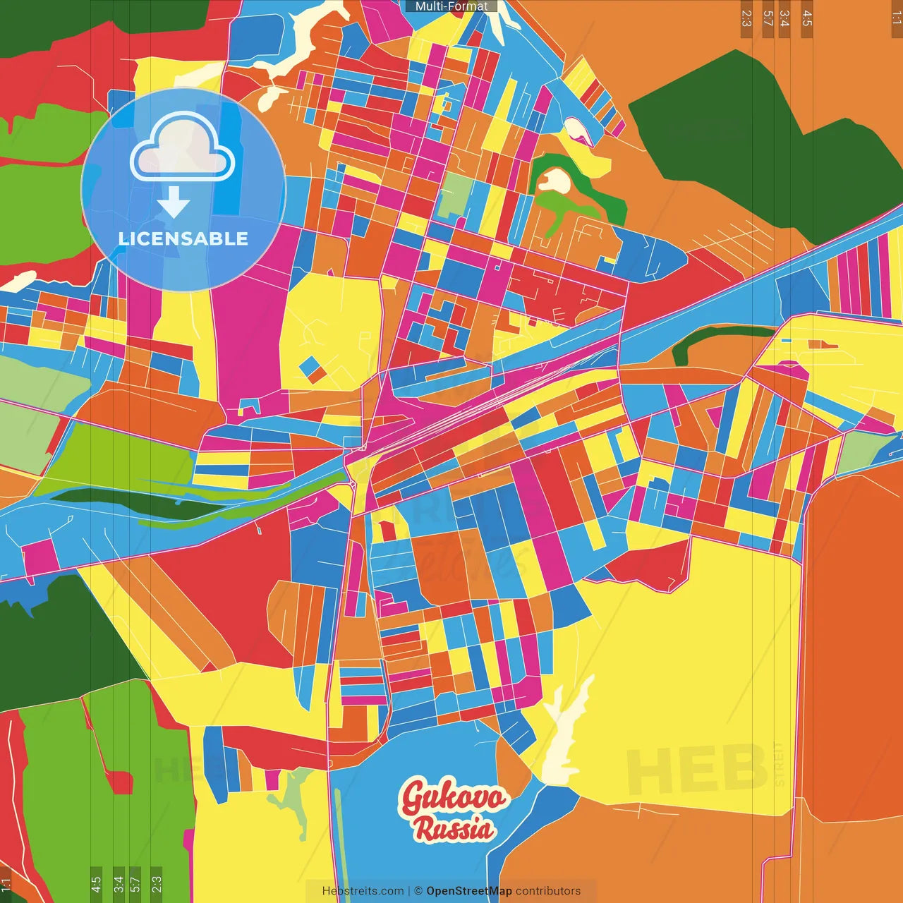 Gukovo, Rostov Oblast, Russia Crazy Colorful Street Map Poster Template