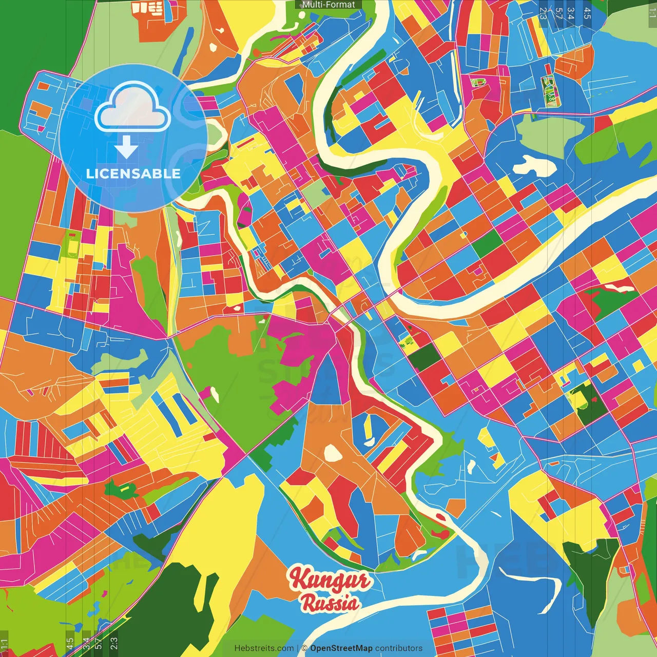 Kungur, Perm Krai, Russia Crazy Colorful Street Map Poster Template
