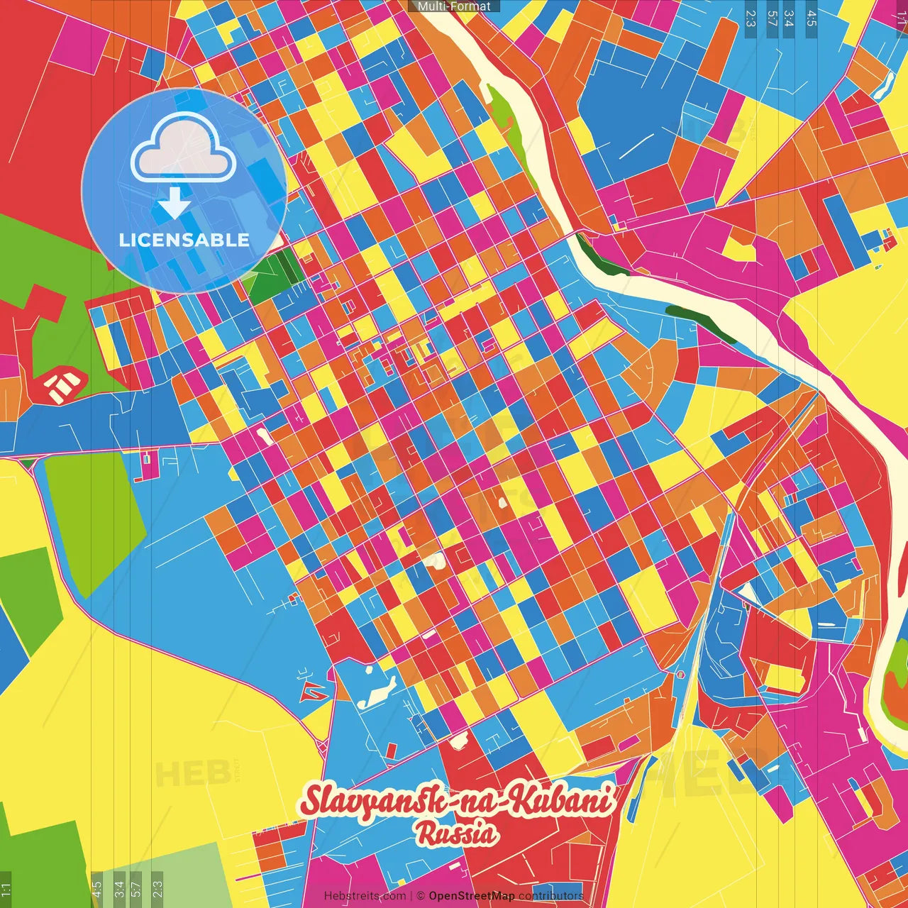 Slavyansk-na-Kubani, Krasnodar Krai, Russia Crazy Colorful Street Map Poster Template