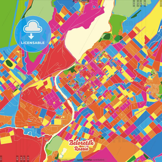 Beloretsk, Republic of Bashkortostan, Russia Crazy Colorful Street Map Poster Template