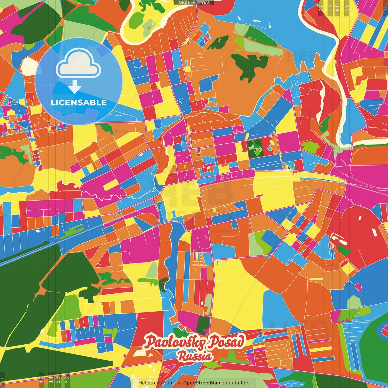 Pavlovsky Posad, Moscow Oblast, Russia Crazy Colorful Street Map Poster Template