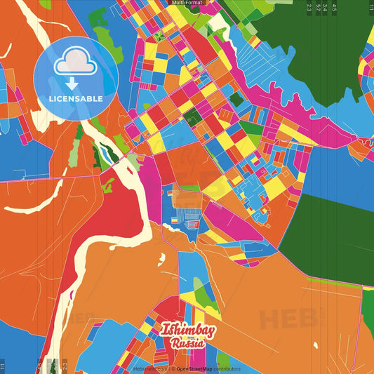 Ishimbay, Republic of Bashkortostan, Russia Crazy Colorful Street Map Poster Template