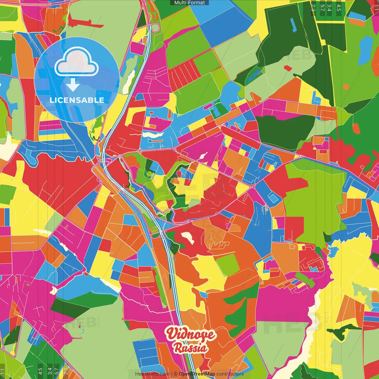 Vidnoye, Moscow Oblast, Russia Crazy Colorful Street Map Poster Template