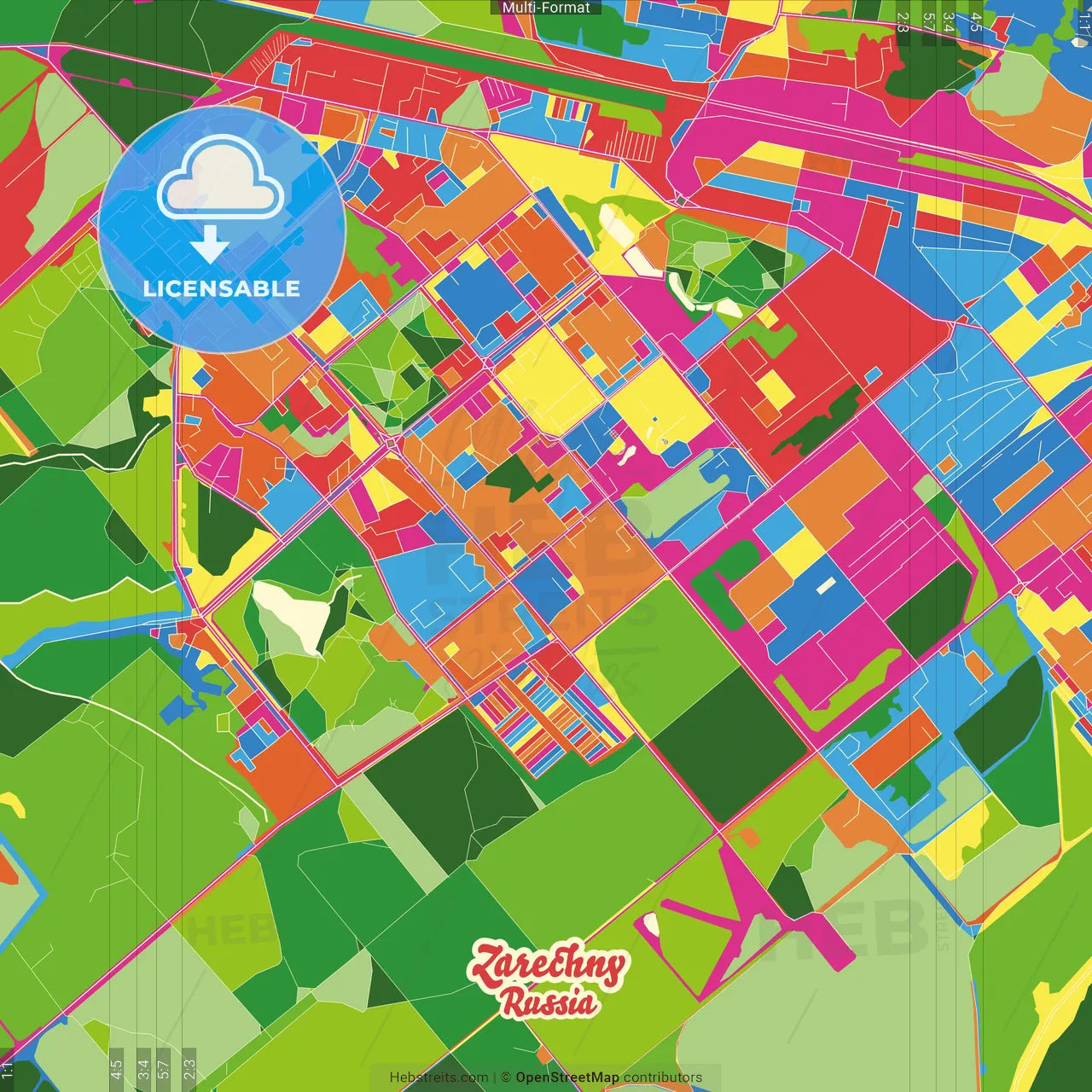 Zarechny, Penza Oblast, Russia Crazy Colorful Street Map Poster Template