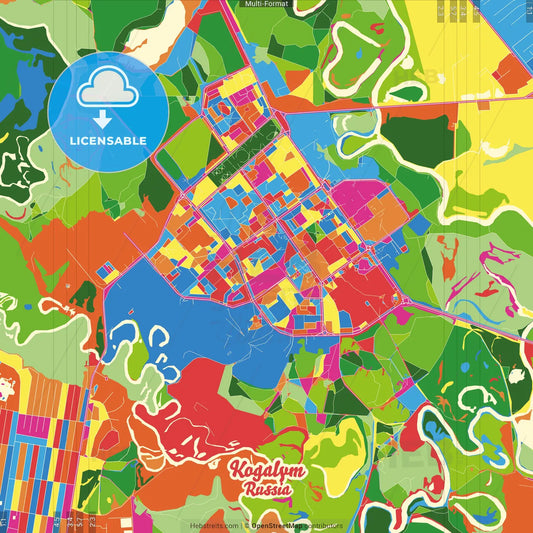 Kogalym, Khanty-Mansi Autonomous Okrug-Yugra, Russia Crazy Colorful Street Map Poster Template