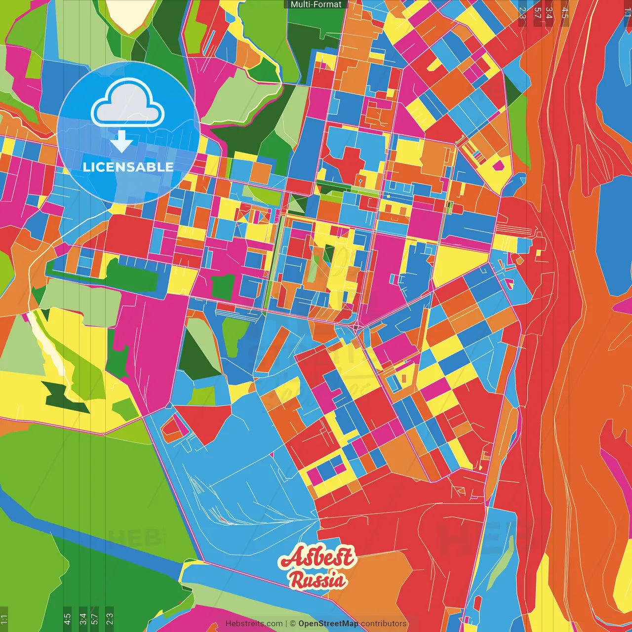 Asbest, Sverdlovsk Oblast, Russia Crazy Colorful Street Map Poster Template