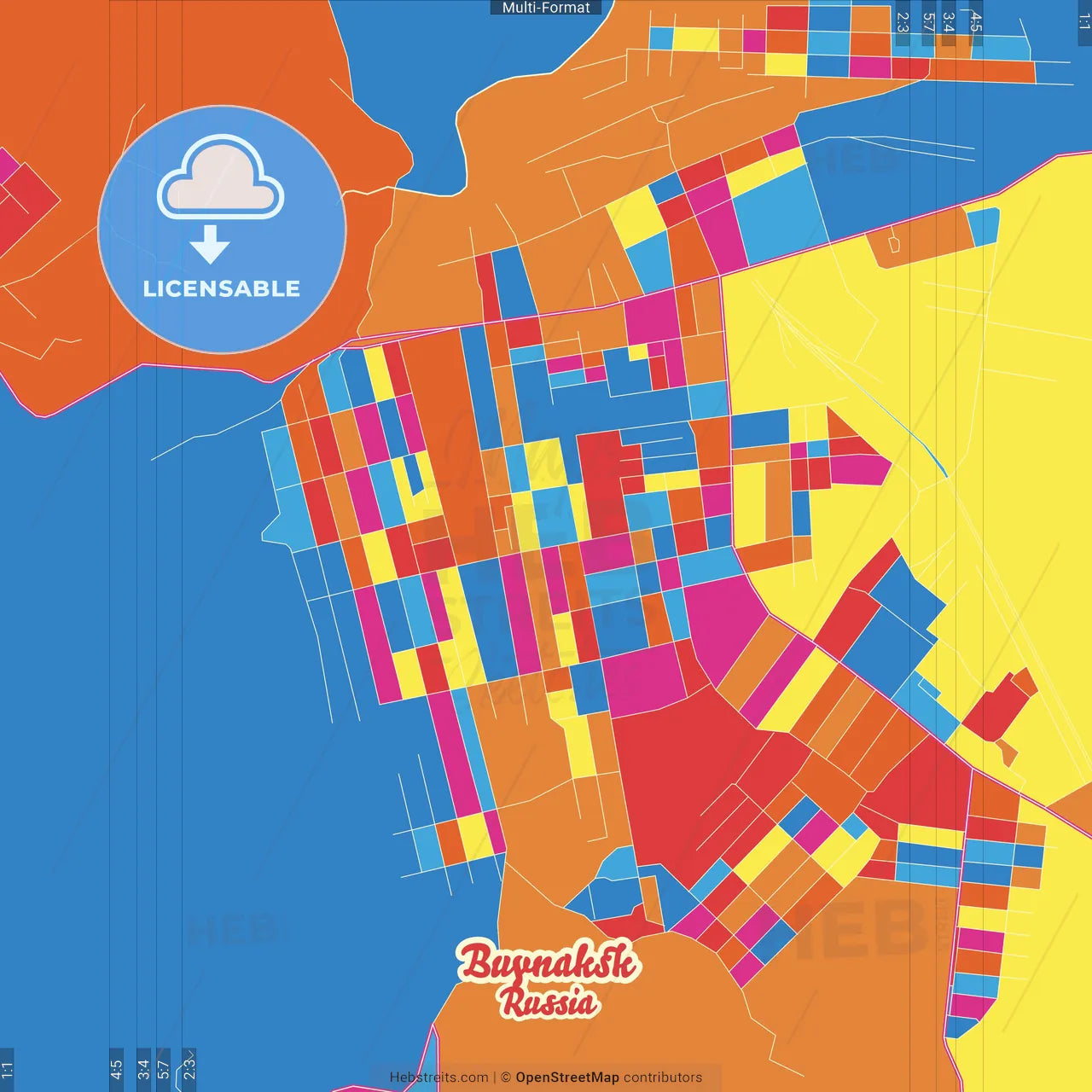 Buynaksk, Republic of Dagestan, Russia Crazy Colorful Street Map Poster Template