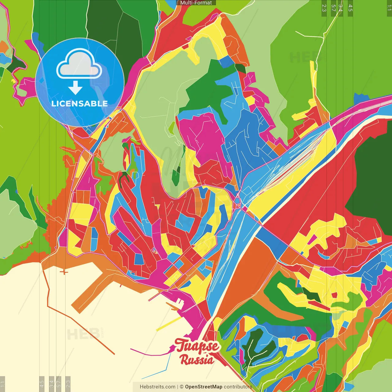 Tuapse, Krasnodar Krai, Russia Crazy Colorful Street Map Poster Template