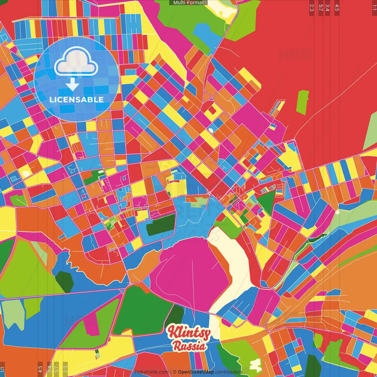Klintsy, Bryansk Oblast, Russia Crazy Colorful Street Map Poster Template
